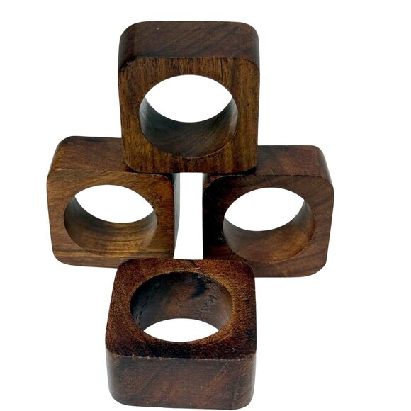 Wooden Napkin Rings Set of 4 MCM Modern Style Brown Wood - Picture 1 of 7